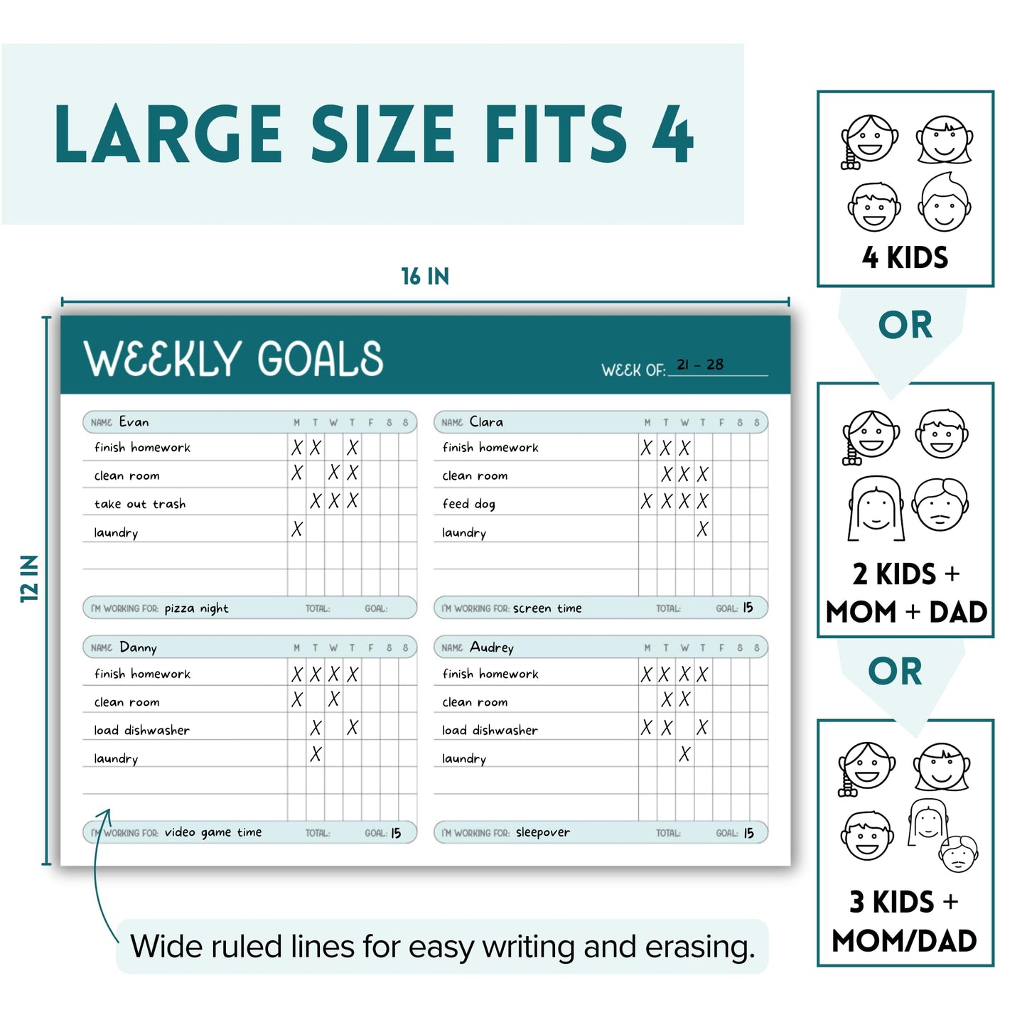 Green Magnetic Chore Chart for Multiple Kids - Flexible Magnetic Chore Board w/ 3 Markers - Weekly Chore List for the Family - Weekly Planner for Kids & Adults