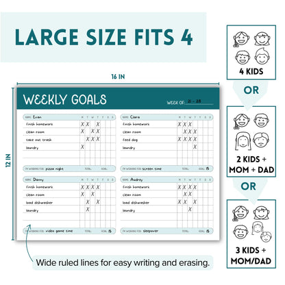 Green Magnetic Chore Chart for Multiple Kids - Flexible Magnetic Chore Board w/ 3 Markers - Weekly Chore List for the Family - Weekly Planner for Kids & Adults